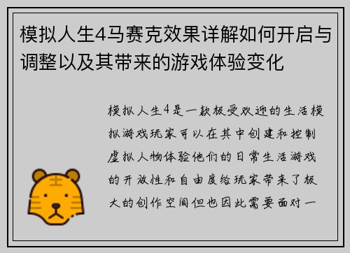 模拟人生4马赛克效果详解如何开启与调整以及其带来的游戏体验变化